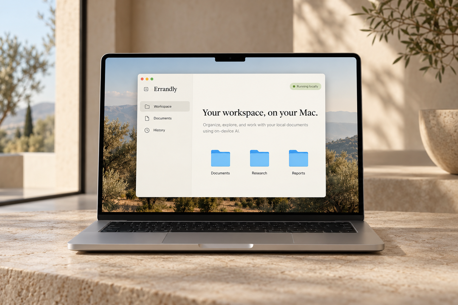 A realistic launch concept of Errandly running locally on a silver Mac laptop.